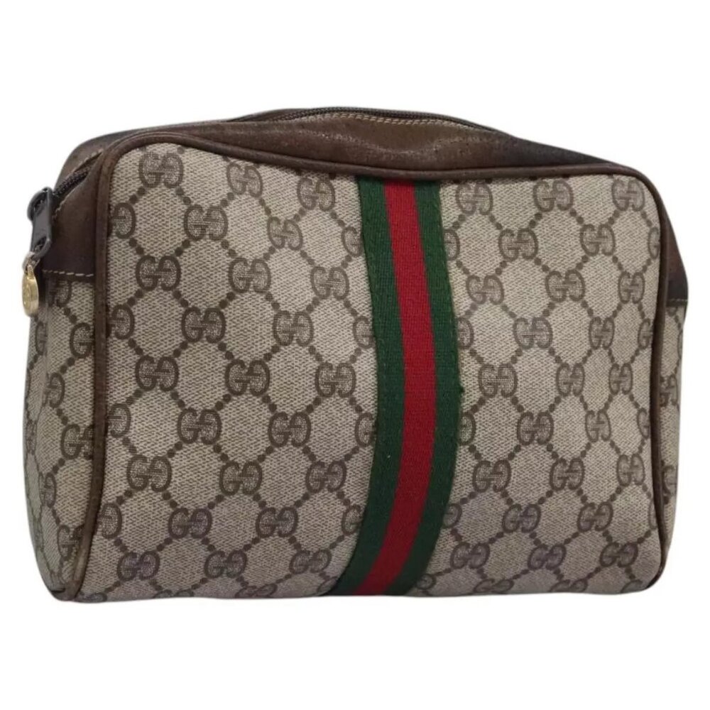 GUCCI GG Supreme Web Sherry Line Clutch Bag PVC Beige Red Green Auth - Picture 12 of 16